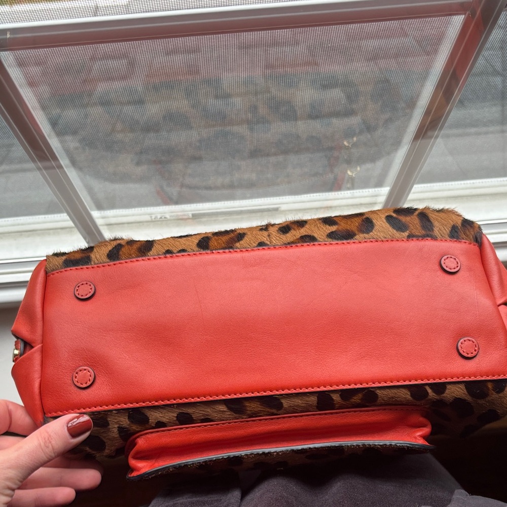 Tory Burch Priscilla Frame Leopard Print Top-Handle Satchel with Red/Orange Trim - Picture 9 of 9